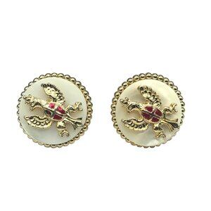 Vintage Eagle Crest MOP Earrings, Mother of Pearl Screw Back with Gold Tone Fram